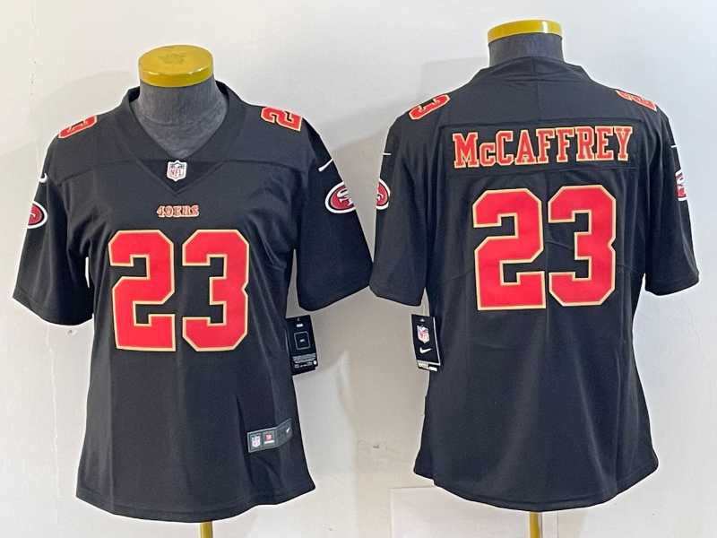 Women%27s San Francisco 49ers #23 Christian McCaffrey Black Red Fashion Vapor Limited Stitched Jersey